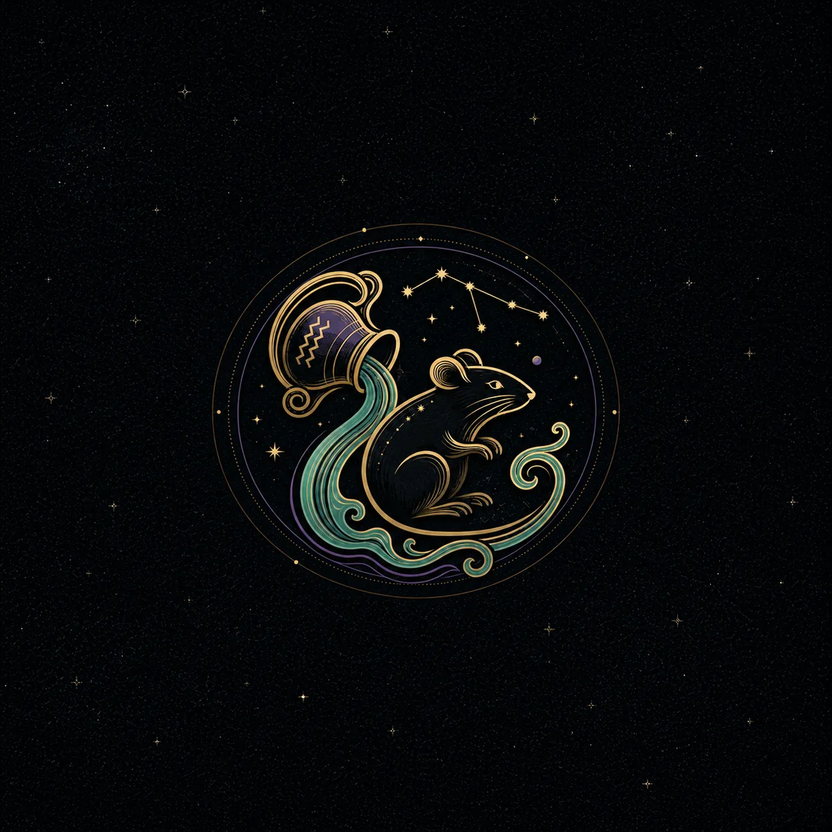 Celestial water vessel pouring jade waves around a gold rat beneath Aquarius stars