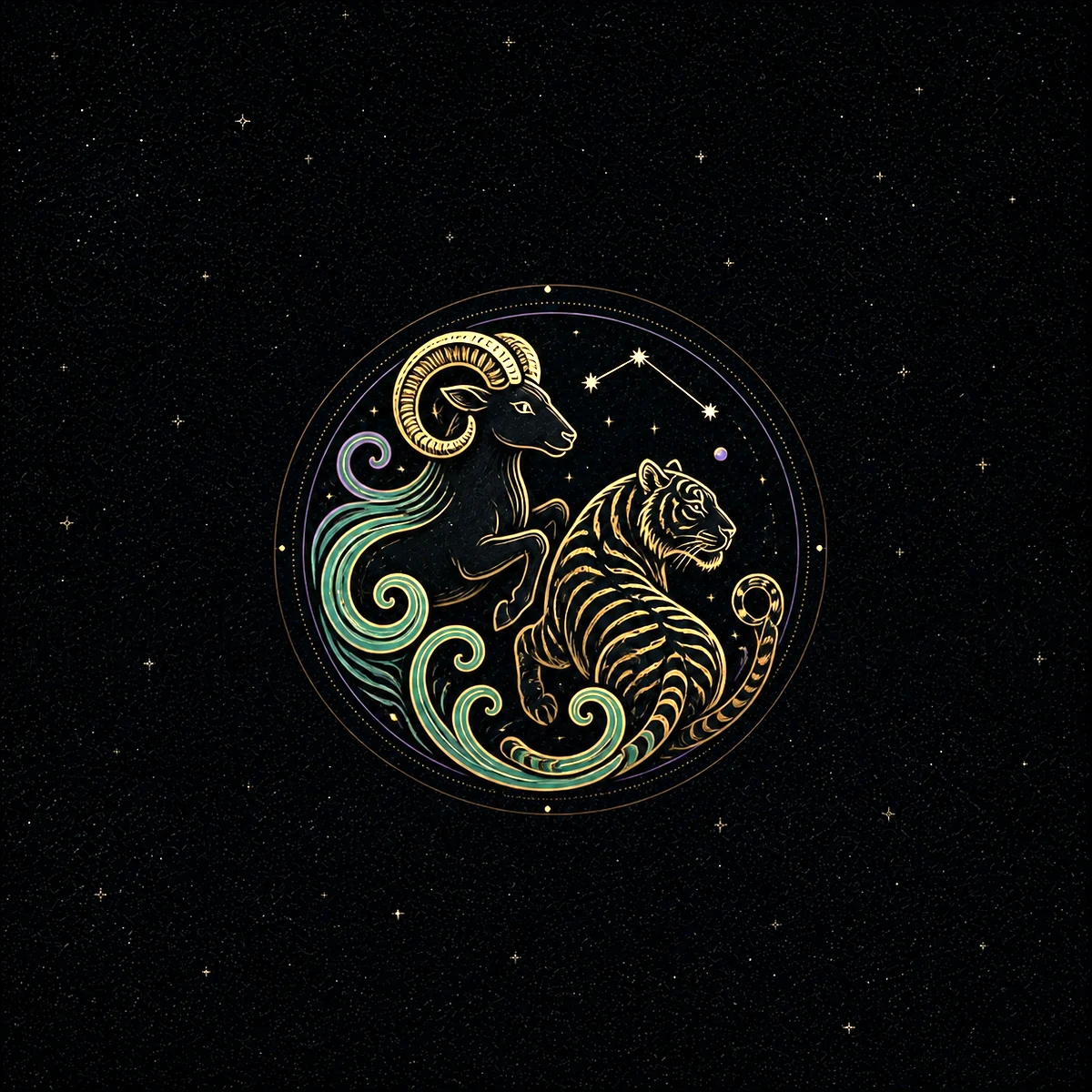 Engraved golden ram and tiger woven with jade waves beneath Aries stars for the Aries Tiger combination