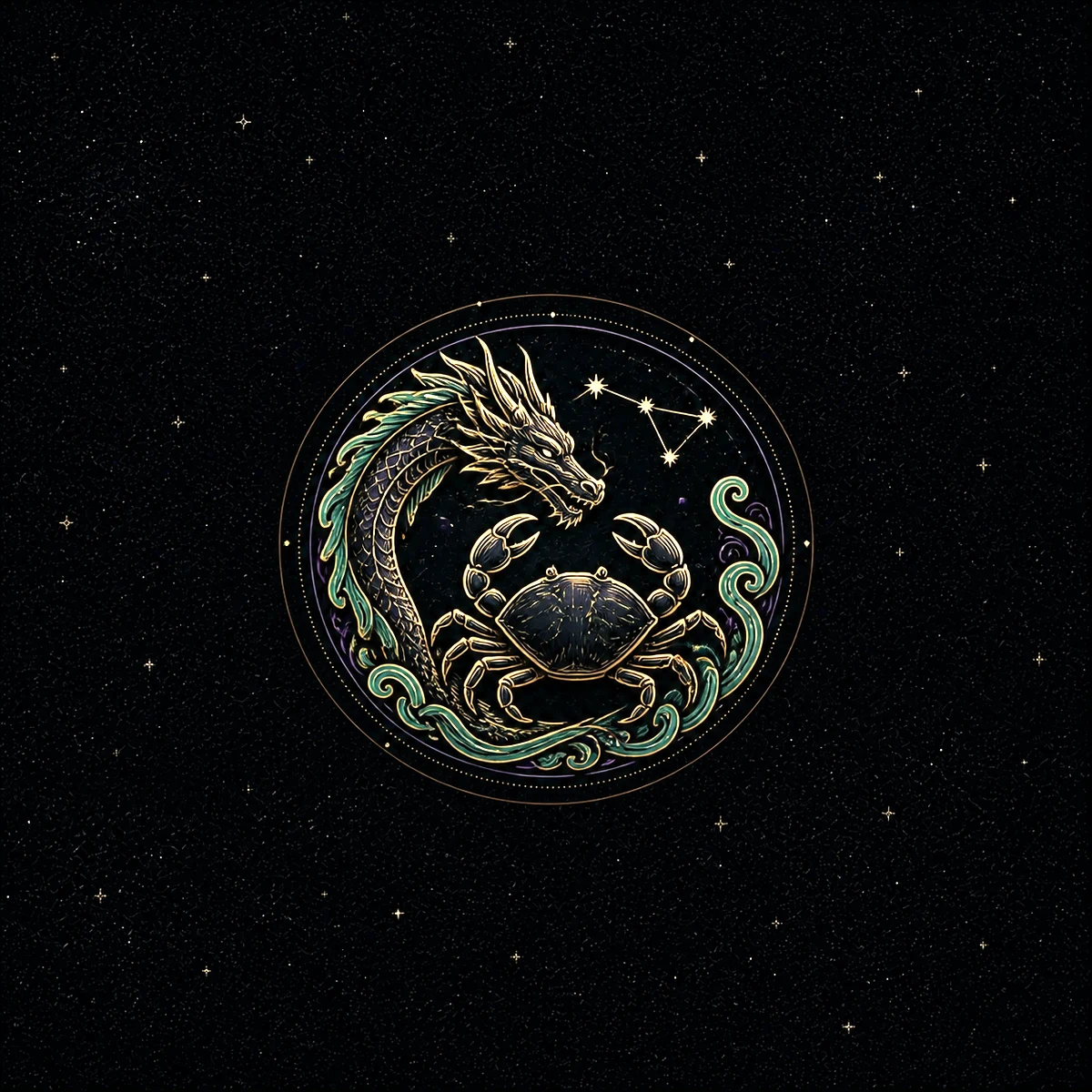 Engraved jade dragon curling around a golden crab beneath Cancer stars for the Cancer Dragon combination