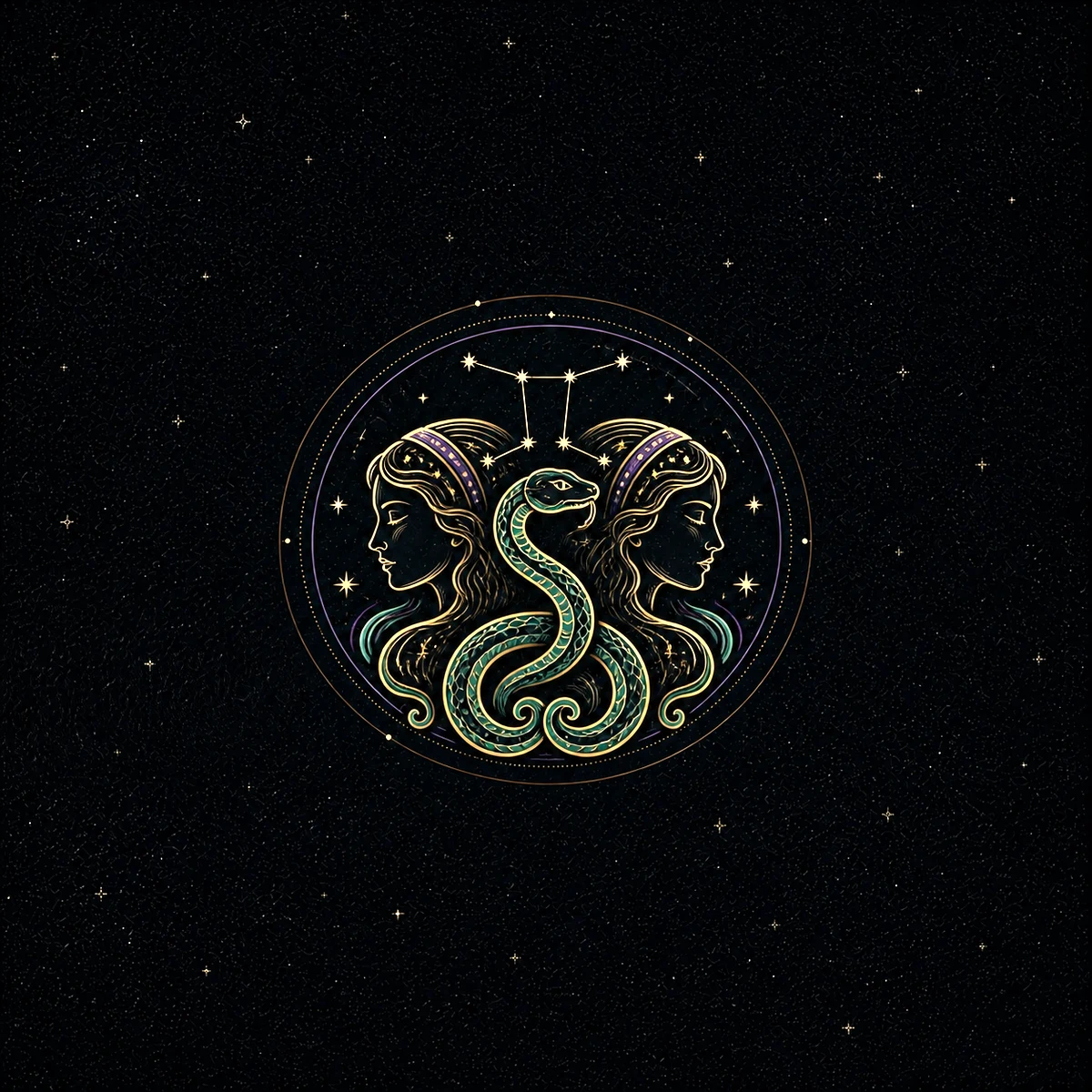 Twin engraved profiles framing a coiled jade snake beneath Gemini stars for the Gemini Snake combination