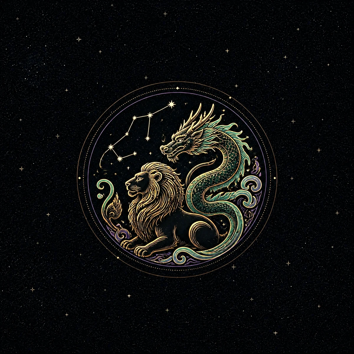 Engraved gold lion and jade dragon beneath the Leo constellation for the Leo Dragon combination