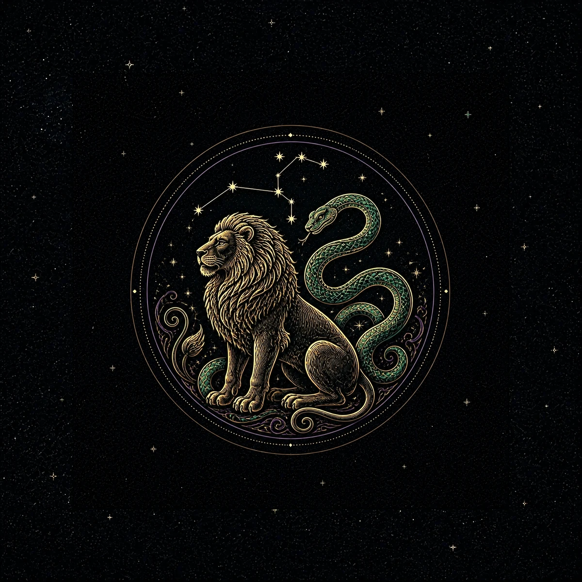 Engraved golden lion seated beside a jade snake beneath Leo stars for the Leo Snake combination