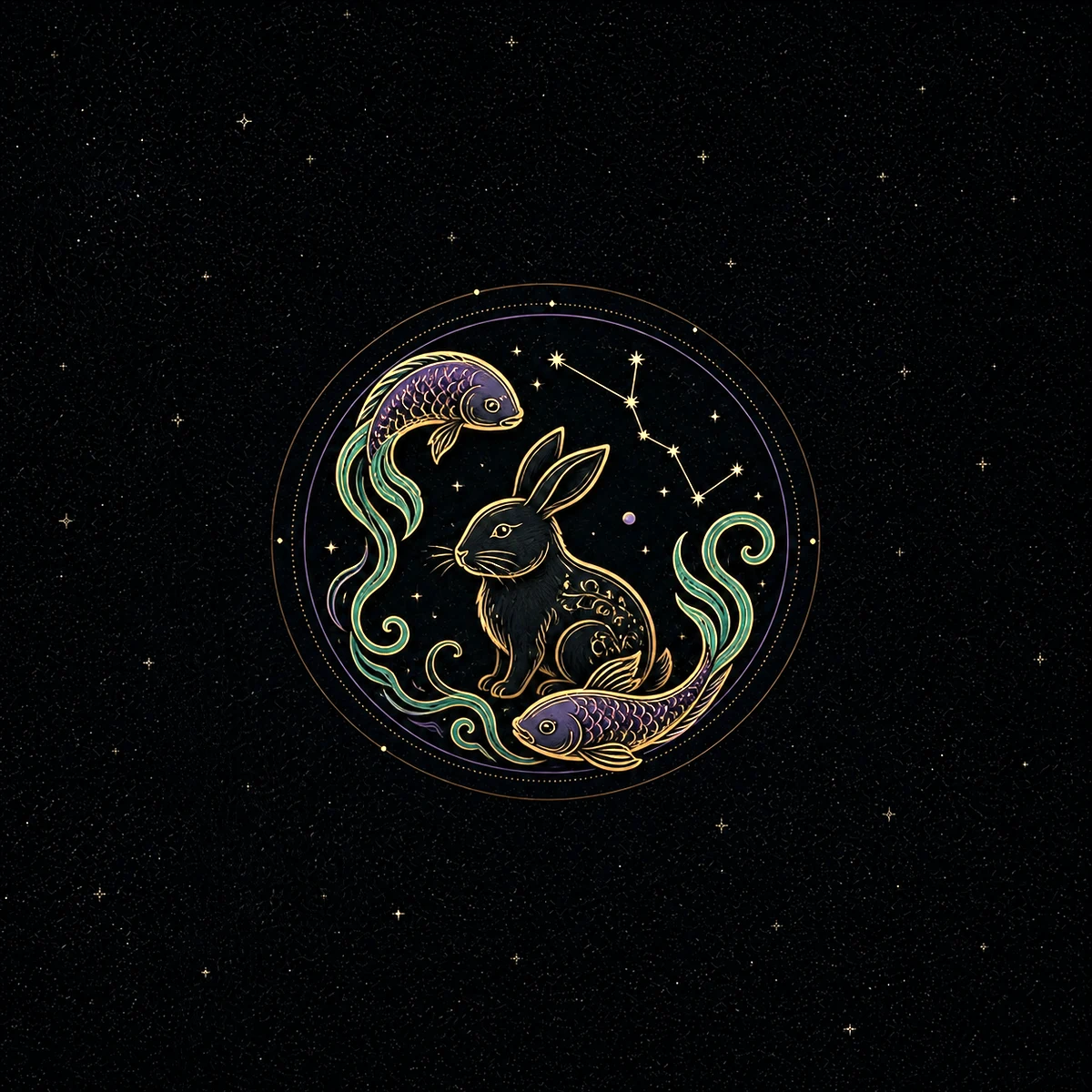 Engraved rabbit encircled by two flowing fish beneath Pisces stars for the Pisces Rabbit combination