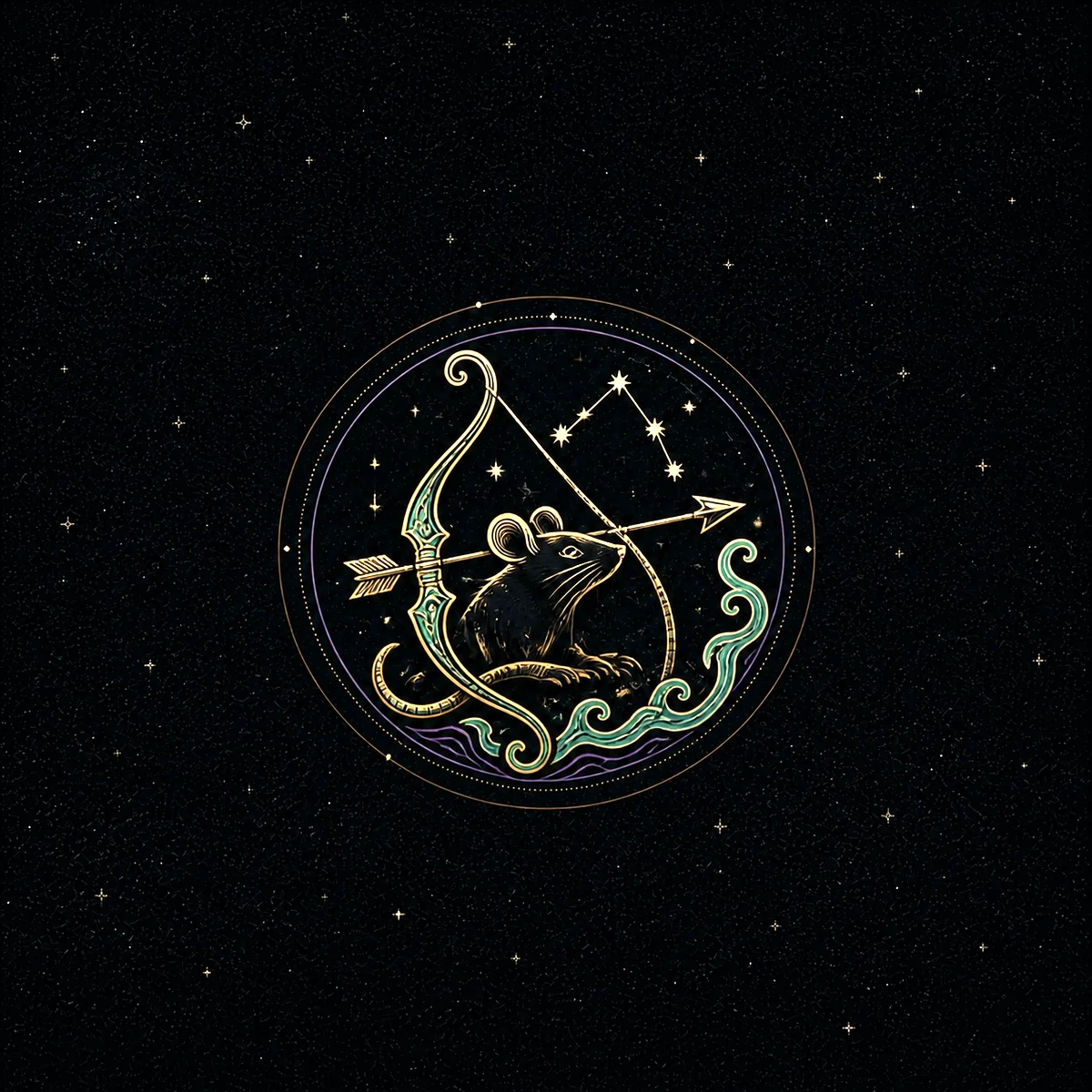 Celestial rat drawing a gold bow and arrow beneath Sagittarius stars