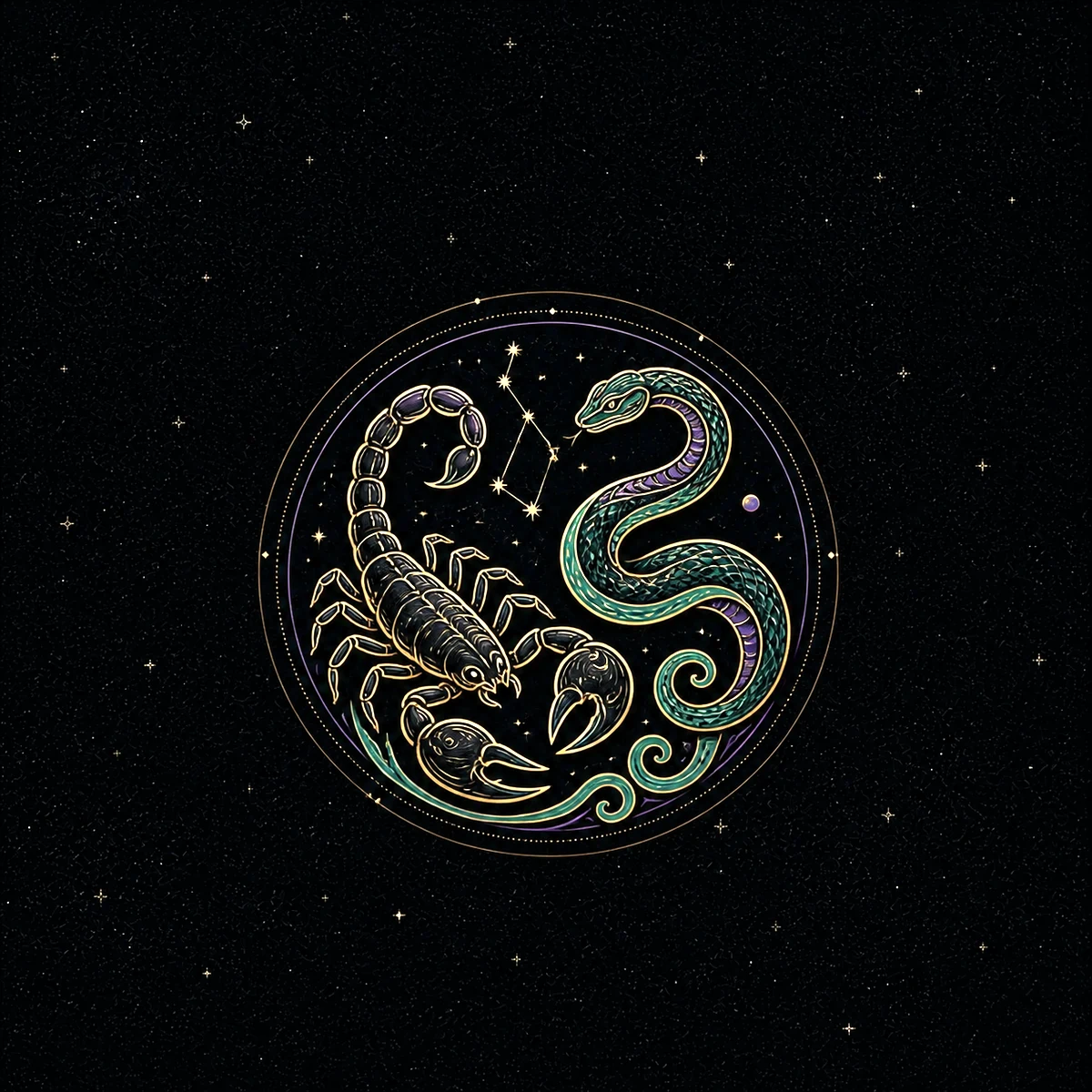 Engraved golden scorpion and coiled jade snake beneath Scorpio stars for the Scorpio Snake combination