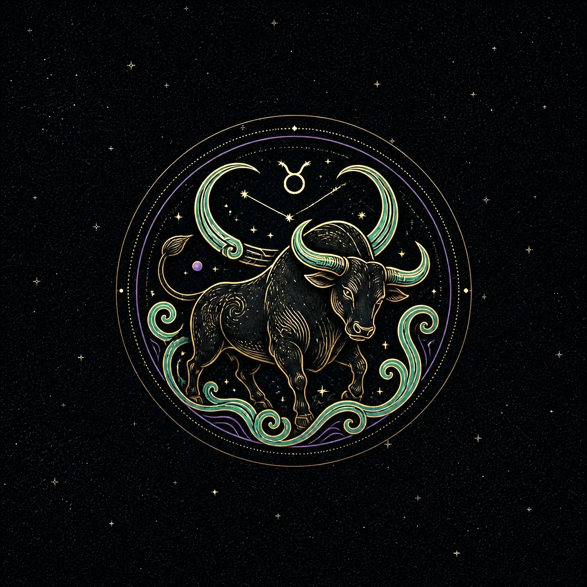 Engraved ox framed by sweeping jade Taurus horns and constellation stars for the Taurus Ox combination