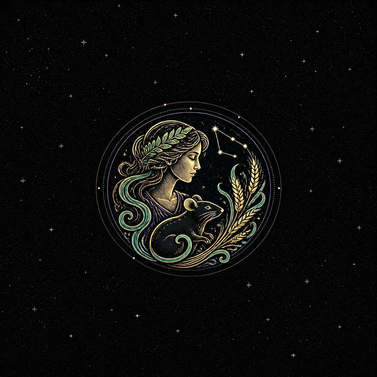 Engraved Virgo maiden and celestial rat beside golden wheat beneath Virgo stars