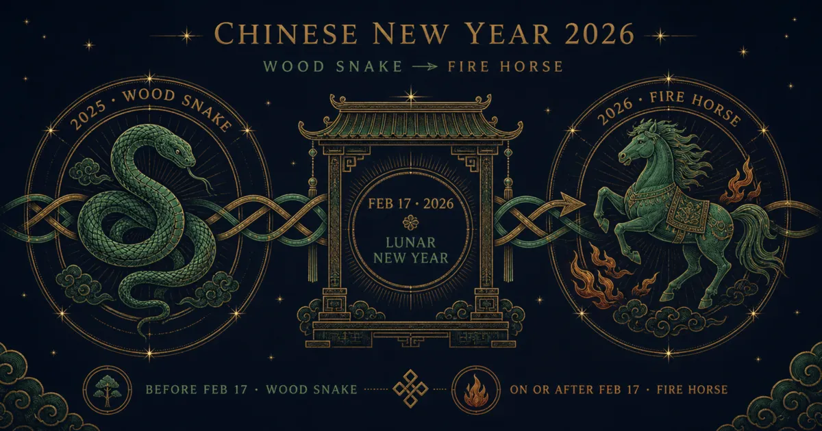 Wood Snake and Fire Horse medallions cross a February 17, 2026 Lunar New Year gate