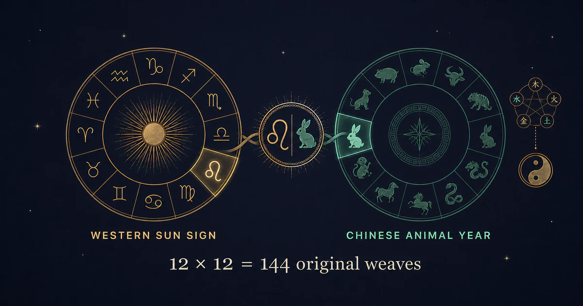 A gold Leo and jade Rabbit highlighted in twelve-part zodiac wheels, weaving into one of 144 combinations