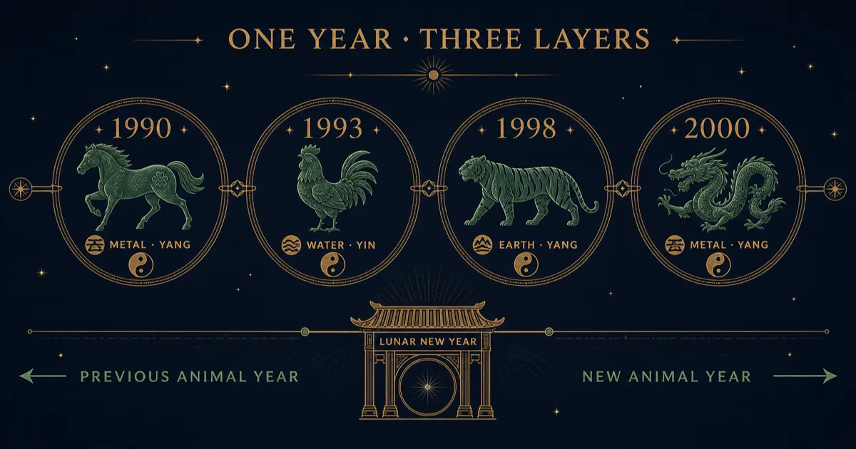 1990 Horse, 1993 Rooster, 1998 Tiger, and 2000 Dragon medallions showing each year’s element and polarity