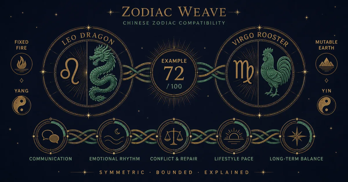 Leo Dragon and Virgo Rooster medallions joined around a symmetric score and five compatibility dimensions