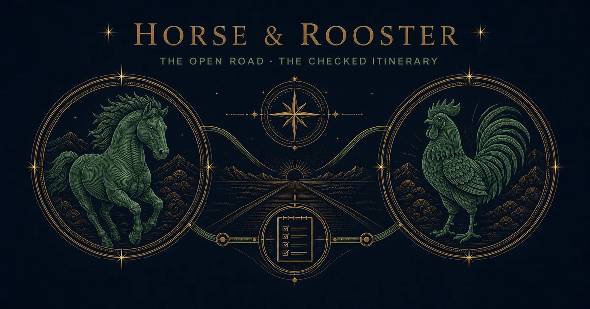 Engraved Horse and Rooster medallions joined by an open road and a carefully checked itinerary