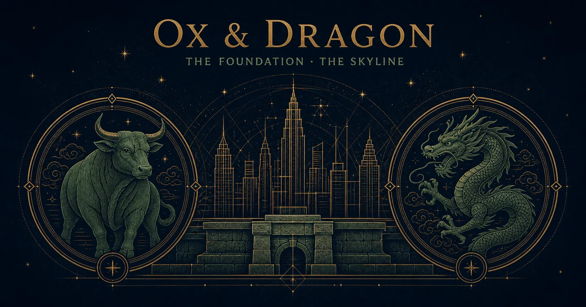 Engraved Ox and Dragon medallions joined by a stone foundation rising into a luminous skyline