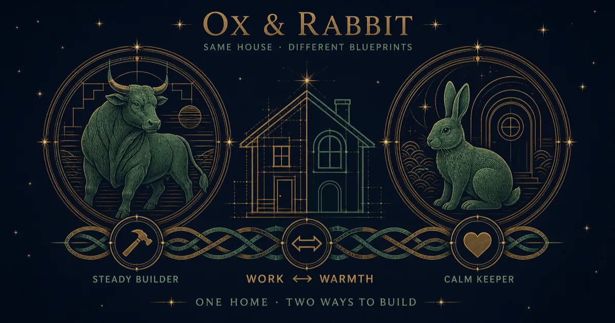 Engraved Ox and Rabbit medallions joined by two blueprints for one shared home