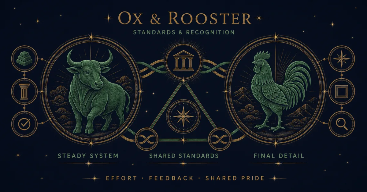 Engraved Ox and Rooster medallions linked by shared standards and a traditional harmony triangle
