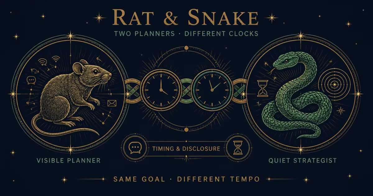 Engraved Rat and Snake medallions linked by two clocks for timing and disclosure