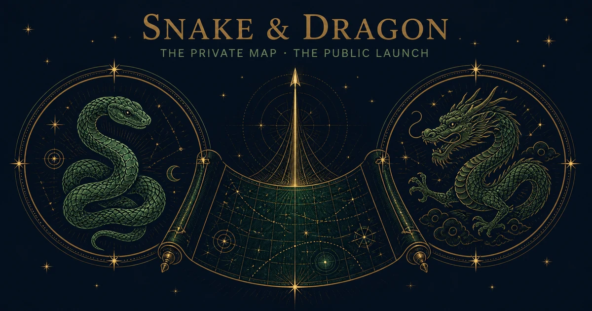 Engraved Snake and Dragon medallions joined by an unfurling map and a rising launch path